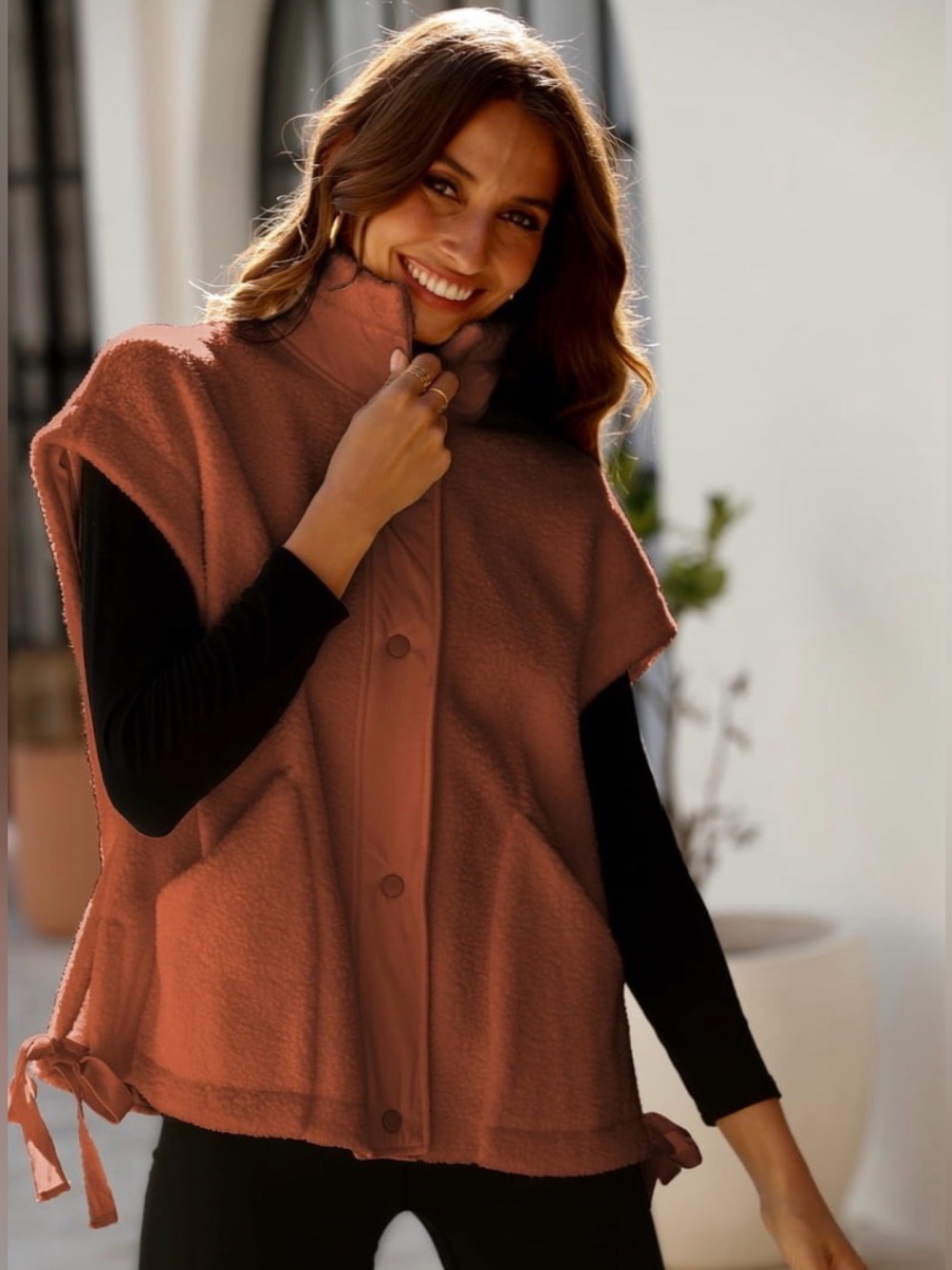 Ready for Fall! Sleeveless Button-Front Fleece Vest in Terracotta Pockets Sz XL